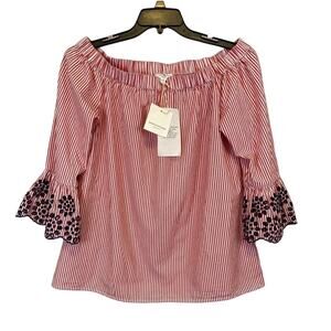 NWT Beachlunchlounge Floral Embroidered Top Women Sz L Red/White Striped